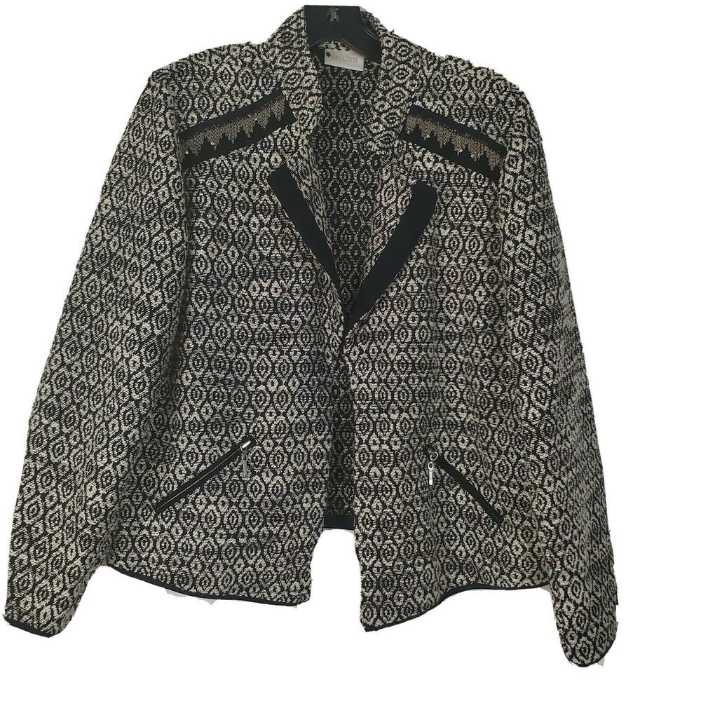 Chicos Womens Gray Tweed Blazer Size Large Open Front Zip Pocket
